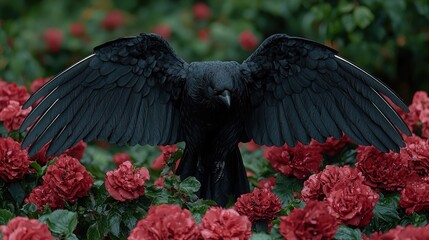 Black Raven Wings Spread Amongst Red Roses