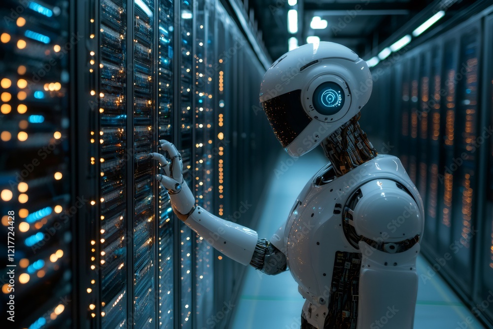 Leinwandbilder Advanced AI Robot Monitoring and Managing Server Operations in Data Center
