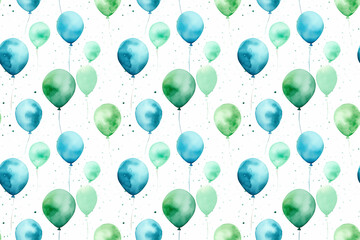 Seamless watercolor festive balloons blue and green pattern wallpaper