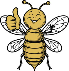 illustration of a bee in a vintage line art style straight pose, giving a thumbs up 1.eps