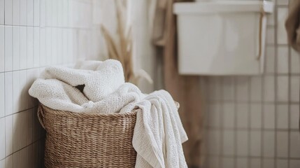 Laundry basket towels bathroom clean minimalist decor