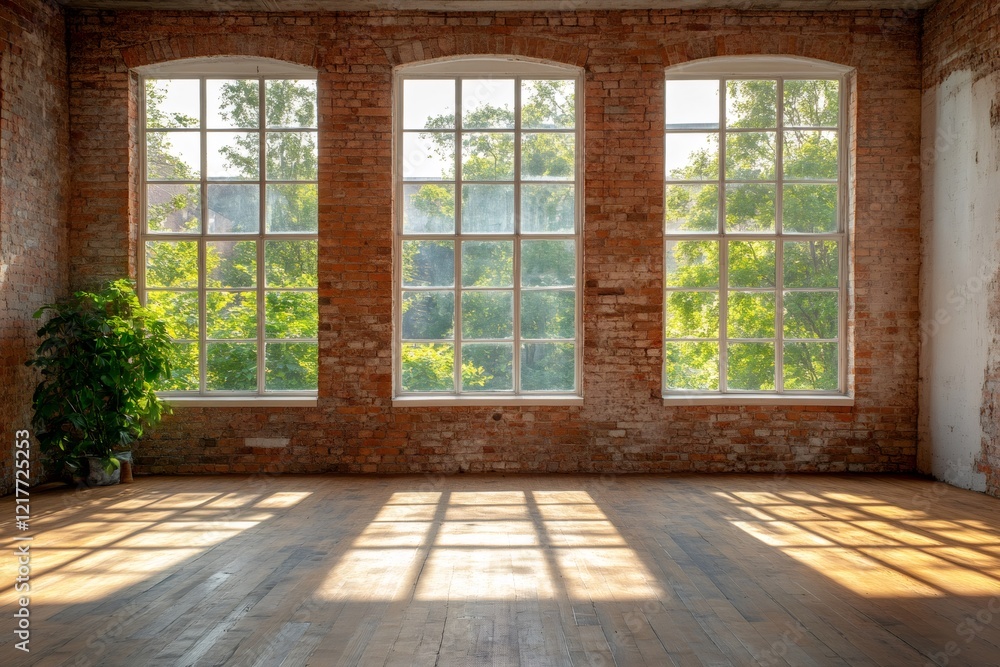 Poster sunlight illuminating empty industrial loft with large windows and hardwood floor