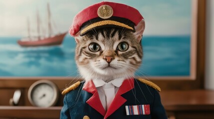A whimsical cat dressed in a military uniform and cap, posed in front of a nautical-themed background.