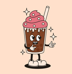 Groovy retro character bubble tea. Flat vector illustration.