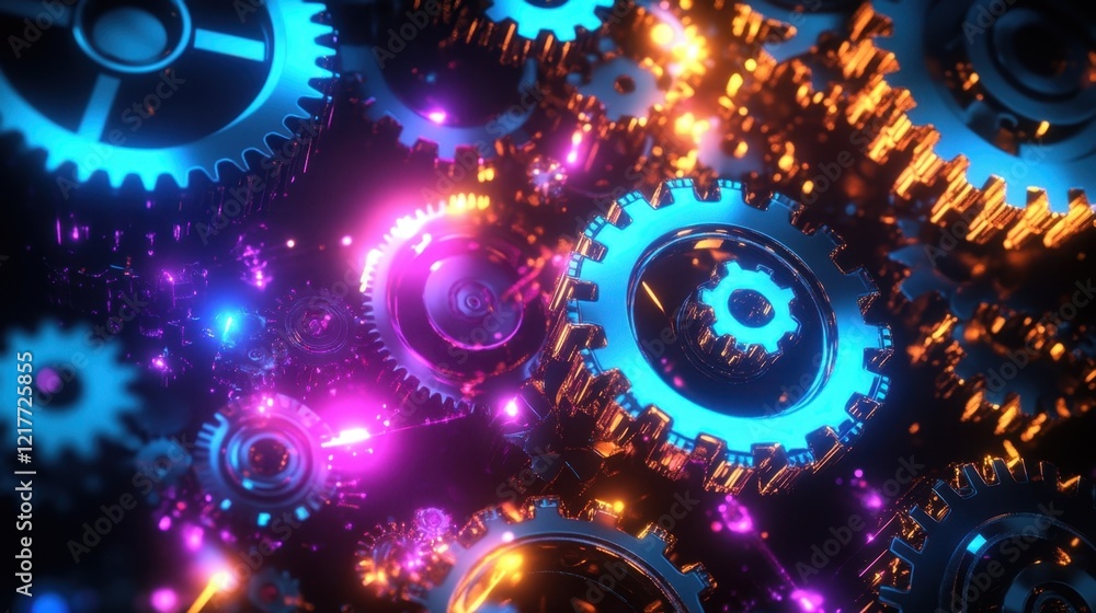 Poster many colorful gears are rotating and creating a futuristic mechanism illuminated by neon lights, sym