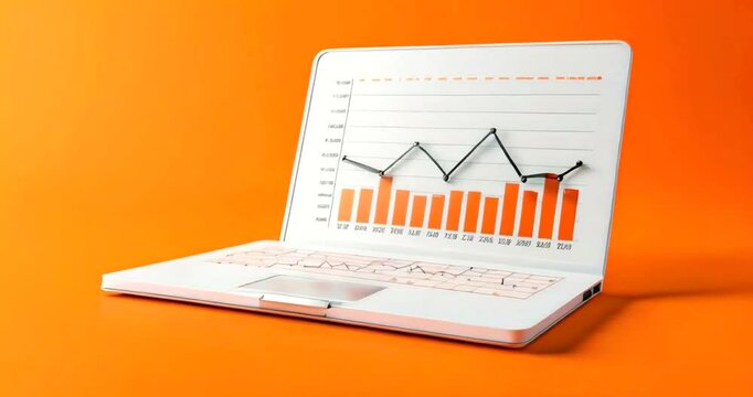 Laptop displaying graph, orange background, data analysis