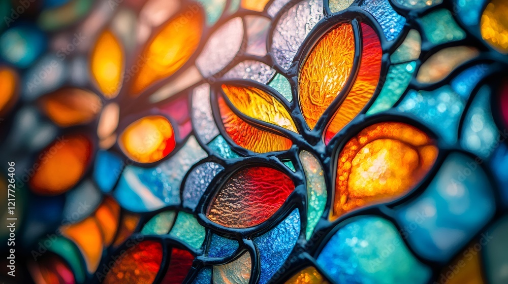 Poster colorful stained glass window depicting floral patterns creating a mesmerizing play of light and col