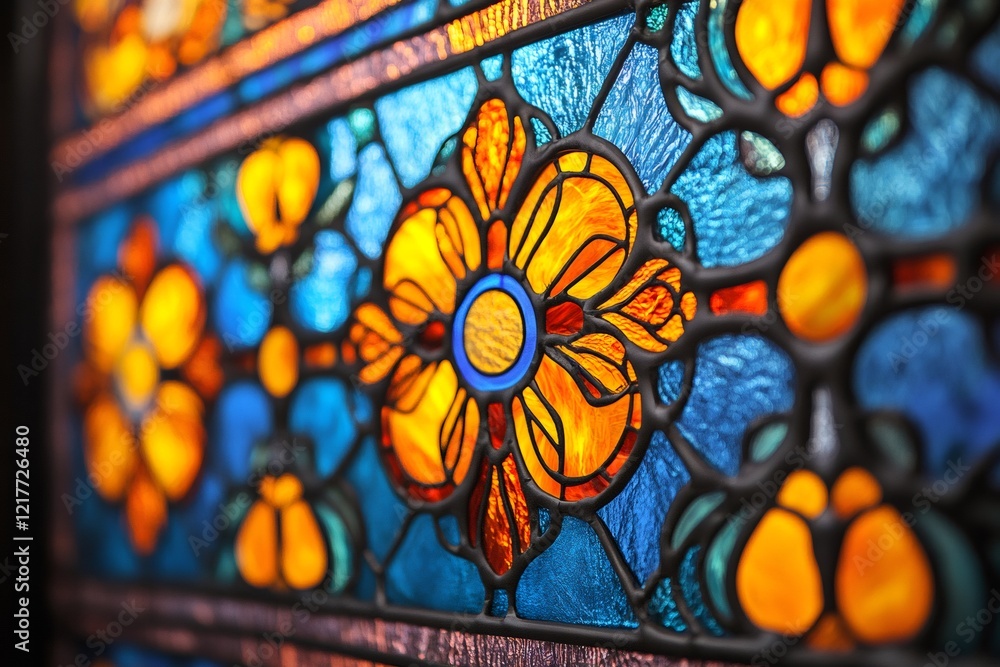 Poster close up of orange flower on stained glass window illuminating colorful pattern