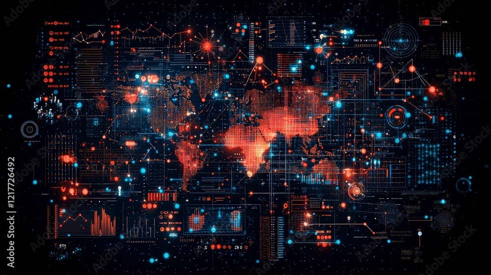 Poster a vibrant digital world map overlaid with data visualizations, glowing elements, and futuristic grap