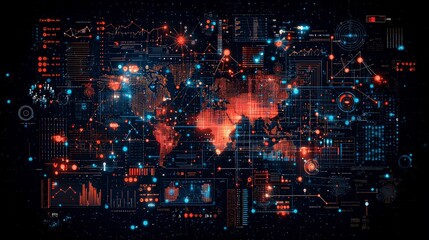 Fototapeta premium A vibrant digital world map overlaid with data visualizations, glowing elements, and futuristic graphics in a dark background.