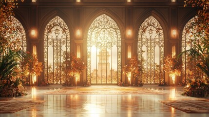 Obraz premium A grand, illuminated interior featuring ornate windows, lush greenery, and a warm golden glow, creating an enchanting atmosphere.