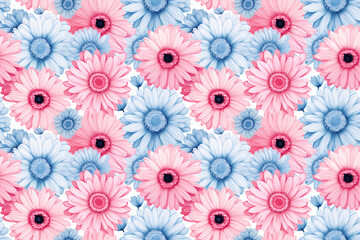 Seamless watercolor gerbera flowers blue and pink background pattern wallpaper