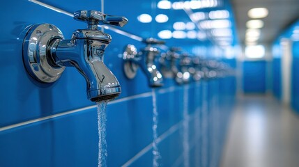 Chrome faucets flowing water, blue tiled locker room