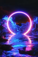 Glowing ring over surreal landscape, neon colors, night scene, fantasy art, digital art