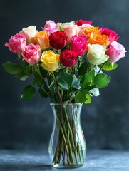 Fototapeta premium Colorful rose bouquet in glass vase, dark background