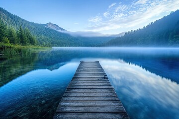 Fototapeta premium Modern wooden pier with lake view