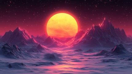Obraz premium A vibrant sunset over a surreal mountainous landscape with a glowing sun.