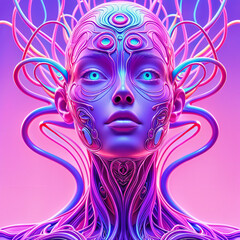 A stylized, futuristic female figure with intricate purple and pink designs on her face and body, set against a plain background.