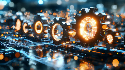 A collection of gears with a bright orange glow. generated using AI