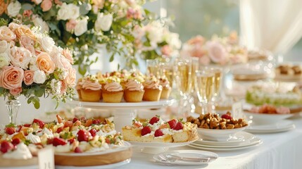 Naklejka premium A beautifully arranged dessert table featuring cupcakes, pastries, and floral decorations, perfect for celebrations or events.