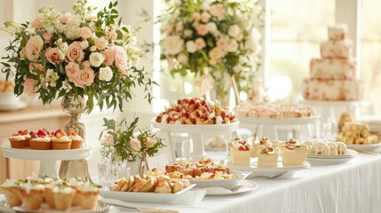 Fototapeta premium A beautifully arranged dessert table featuring elegant floral decor, sweet treats, and a tiered cake, perfect for celebrations.