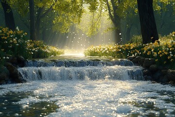 Fototapeta premium Stream of water flowing down in the forest with sun rays