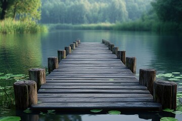 Fototapeta premium Modern wooden pier with lake view