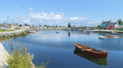 Fototapeta premium Coastal village harbor, boat, sunny day, Ireland, calm water