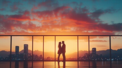 Fototapeta premium Silhouette of a couple embracing at sunset, overlooking a city skyline, with vibrant orange and blue hues in the sky.