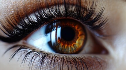 Close-up eye, amber iris, lashes, reflection, beauty, studio