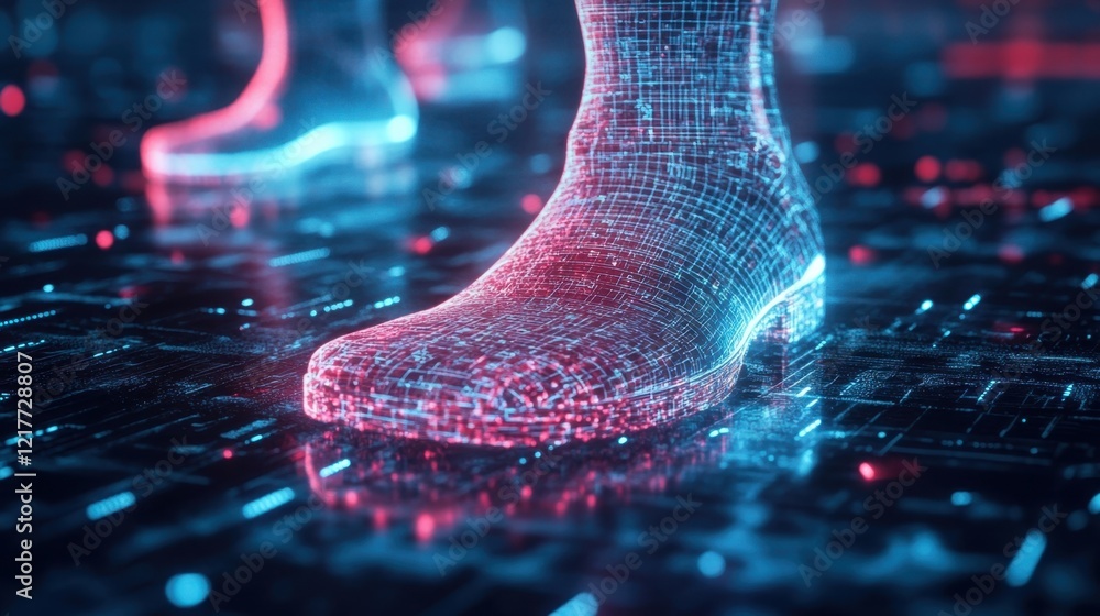 Poster glowing digital foot made of binary code walking on circuit board, representing advancement in artif