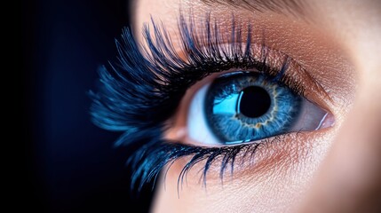 Fototapeta premium Close-up eye, blue iris, long lashes, dark background, beauty