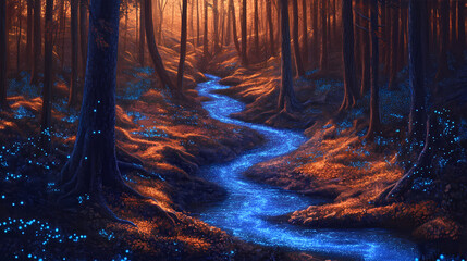 Obraz premium A magical forest illuminated by bioluminescent plants glowing in vibrant hues, with shimmering streams meandering through the serene, otherworldly landscape. Shimmering Forest. Illustration