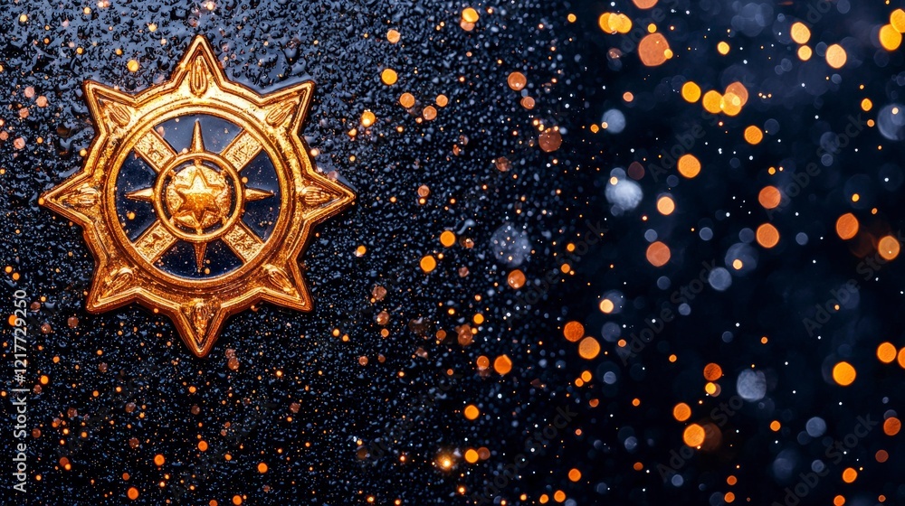 Poster a sparkling golden emblem shines against a dark background filled with colorful bokeh, creating a fe