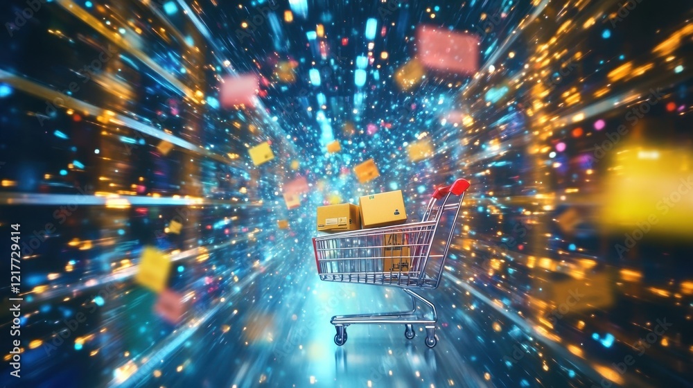 Poster cardboard boxes exploding from a warehouse with motion blur effect and a shopping cart in the foregr