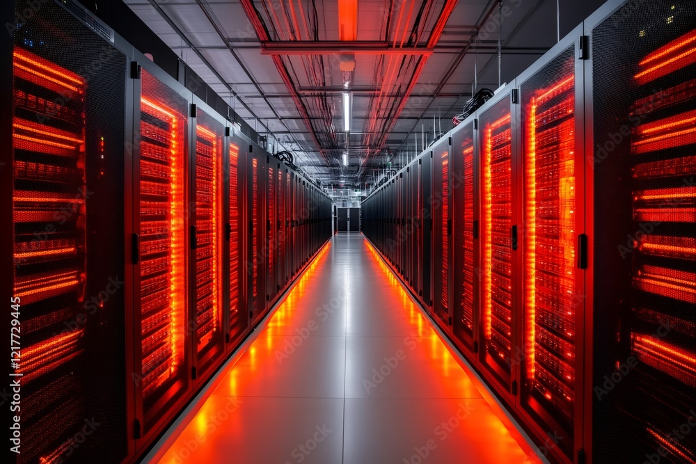 Poster server room with red lights illuminating corridor in data center