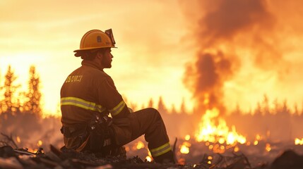 Naklejka premium A firefighter sits contemplatively against a dramatic orange sunset, with flames and smoke rising in the background.