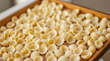 A wooden tray filled with uncooked pasta shells, showcasing their delicate shape and texture.