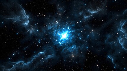 Fototapeta premium Vibrant cosmic scene featuring a bright blue nebula surrounded by stars and dark space, evoking a sense of wonder and exploration.