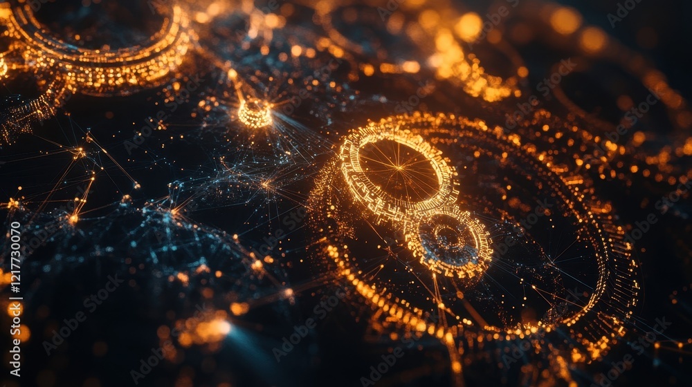 Poster complex mechanism with futuristic glowing gears rotating and network of connections spreading across