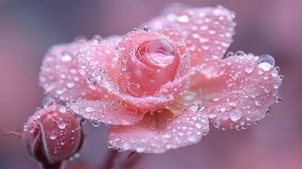 Pink Rose Blossom Covered In Dew Drops