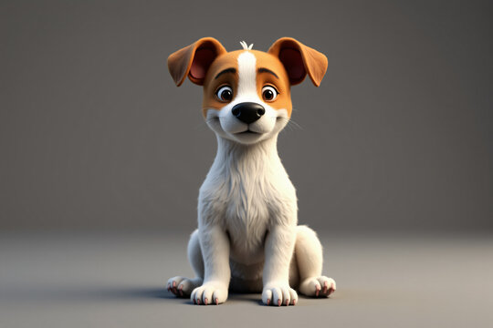 A lively Jack Russell Terrier with white and tan fur, expressive eyes, and floppy ears, sitting attentively in a 3D-rendered cartoon style.
