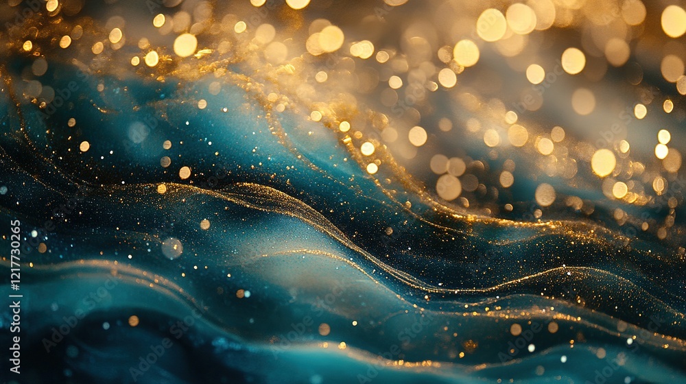 Aufkleber flowing waves of golden bokeh light abstract background digital art ethereal environment close-up vi