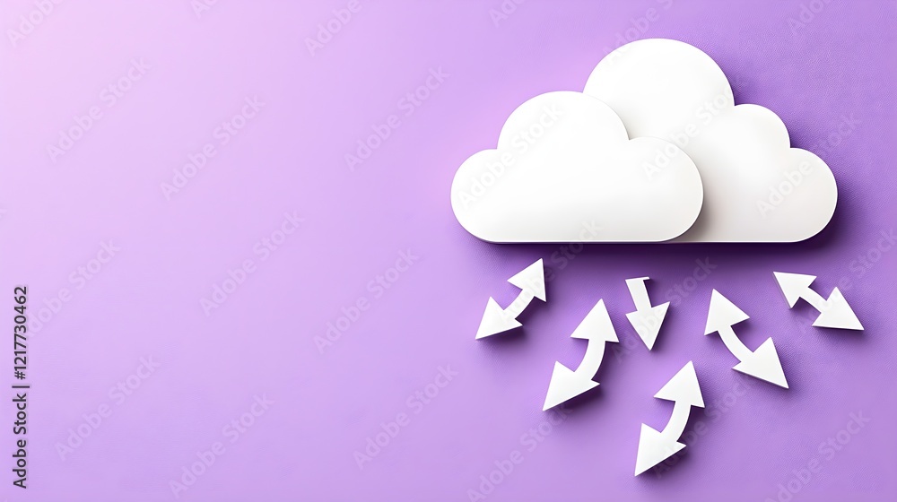 Poster white clouds against a purple background with arrows suggesting movement or weather patterns.