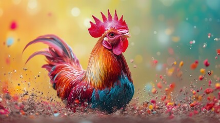 Fototapeta premium Vibrant rooster displaying colors farmyard wildlife photography natural setting close-up animal behavior