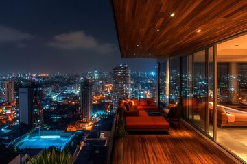 Luxurious penthouse balcony overlooking illuminated cityscape at night