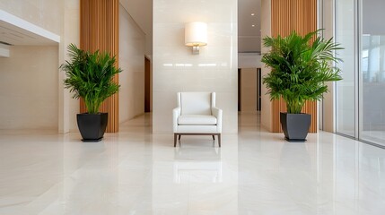 Modern lobby featuring a white chair surrounded by potted plants and minimalist decor, creating an inviting atmosphere.