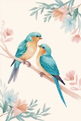 Obraz premium Charming watercolor illustration of two colorful birds perched on a branch surrounded by floral elements 