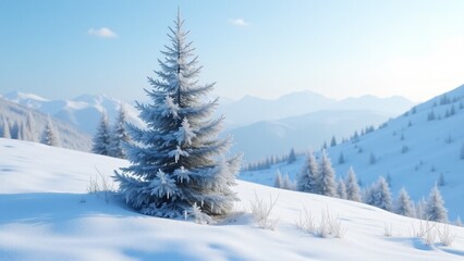 Obraz premium A blue pine tree with silvery-blue needles and icicle-covered branches, set in a serene snowy alpine meadow under winter sunlight.