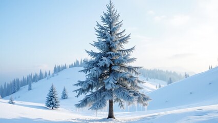 Fototapeta premium A blue pine tree with silvery-blue needles and icicle-covered branches, set in a serene snowy alpine meadow under winter sunlight.